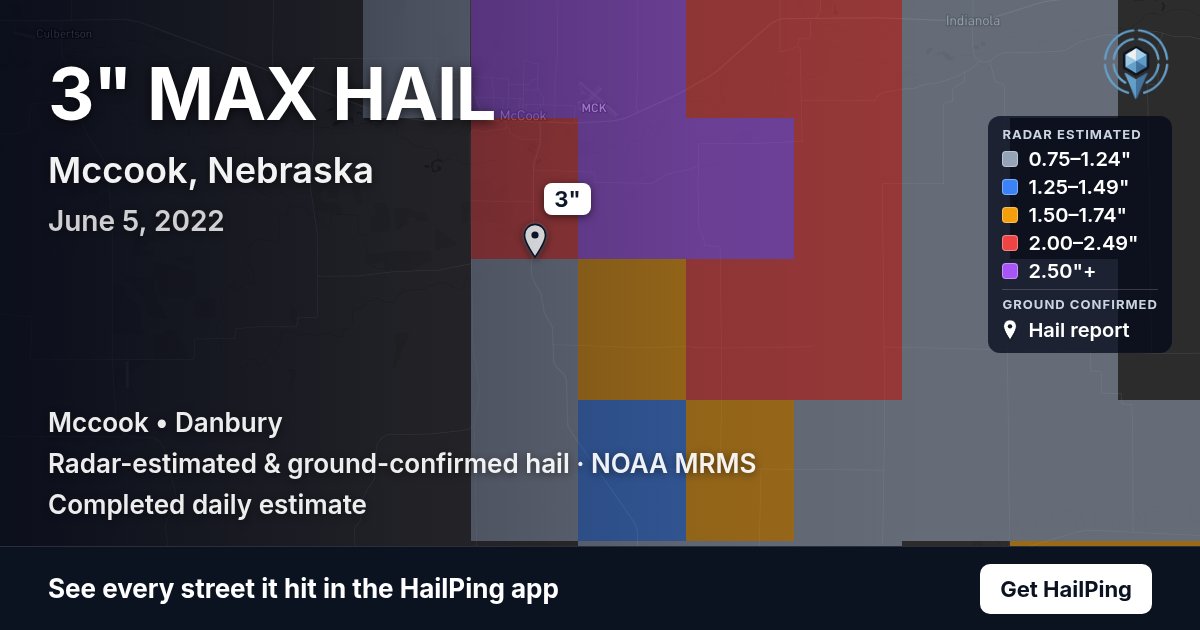 Storm map for Mccook, NE on June 5, 2022, showing where hail was reported