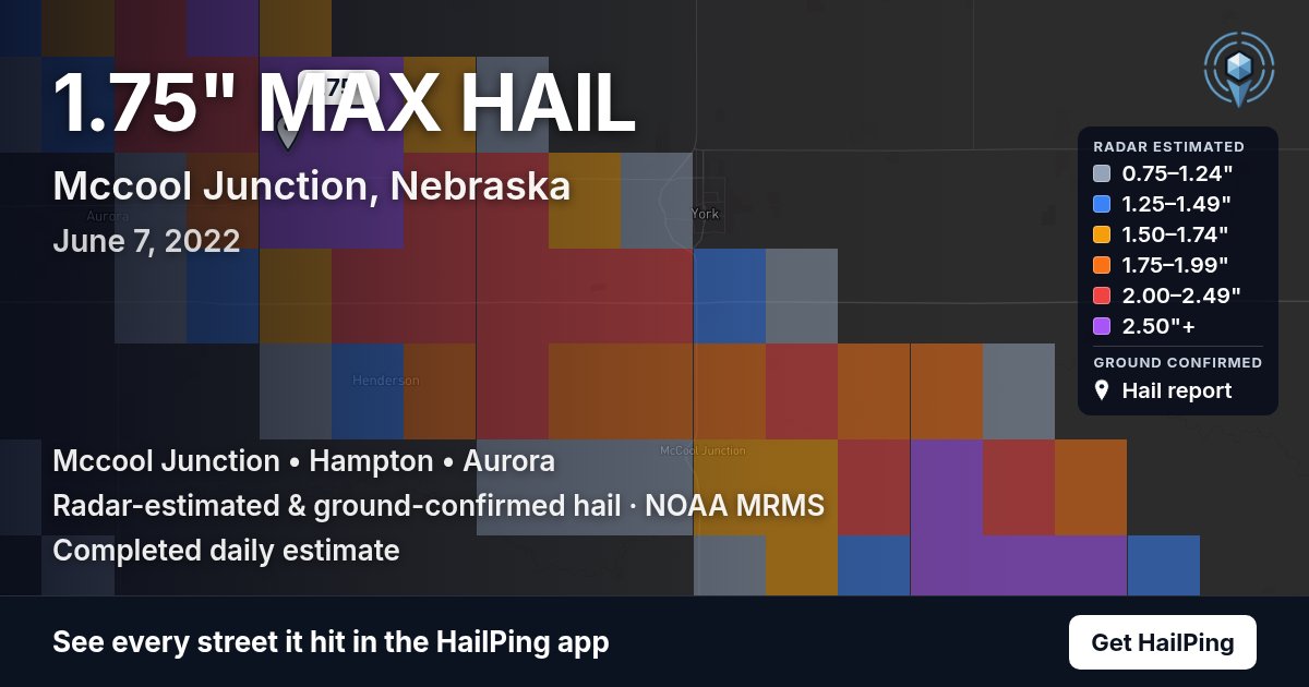 Storm map for Mccool Junction, NE on June 7, 2022, showing where hail was reported