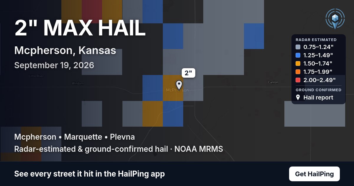 Storm map for Mcpherson, KS on September 19, 2026, showing where hail was reported