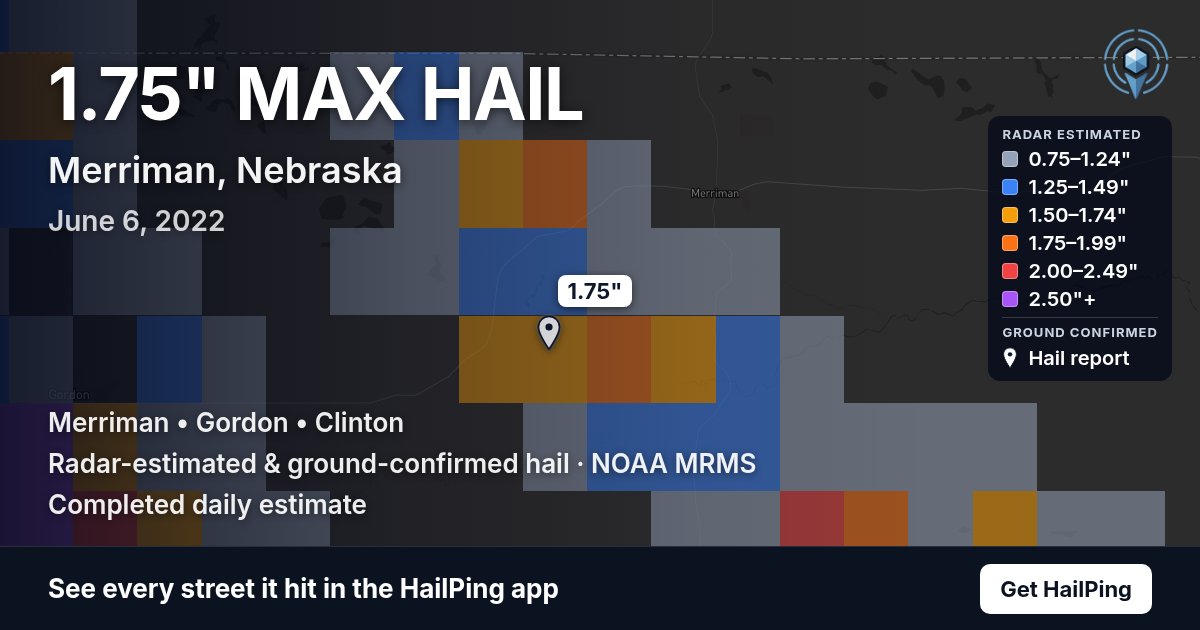 Storm map for Merriman, NE on June 6, 2022, showing where hail was reported