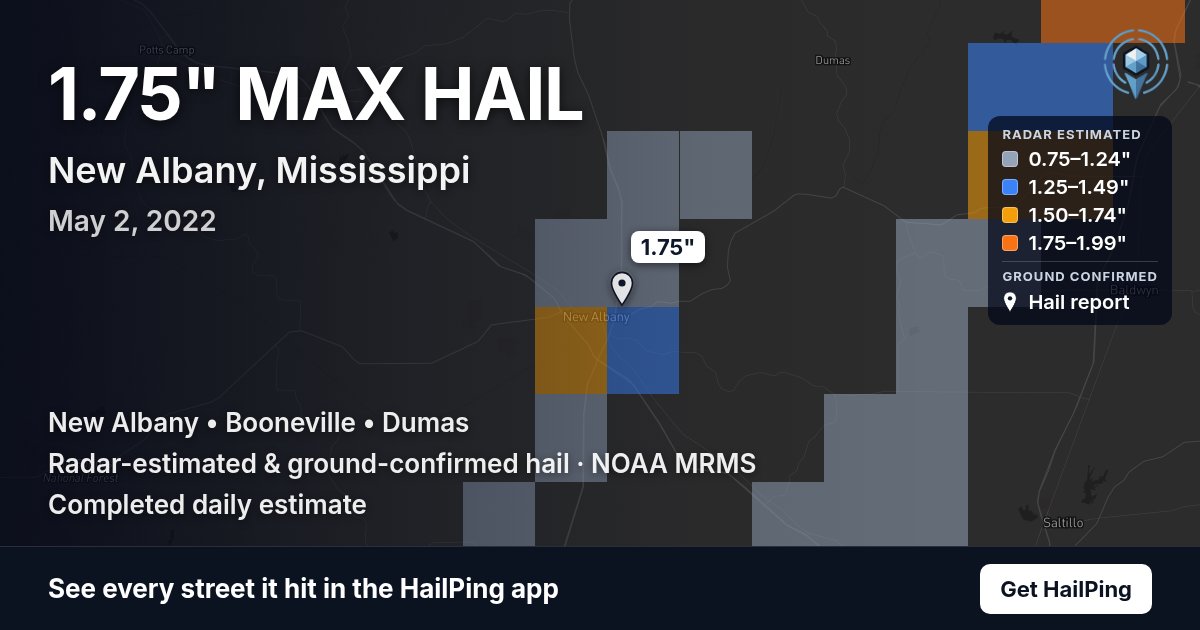 Storm map for New Albany, MS on May 2, 2022, showing where hail was reported