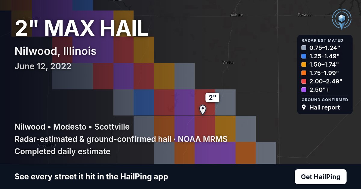 Storm map for Nilwood, IL on June 12, 2022, showing where hail was reported