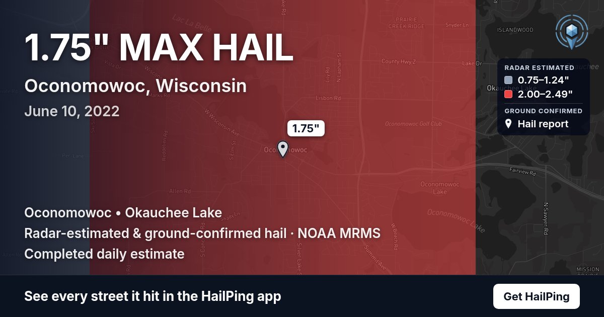 Storm map for Oconomowoc, WI on June 10, 2022, showing where hail was reported