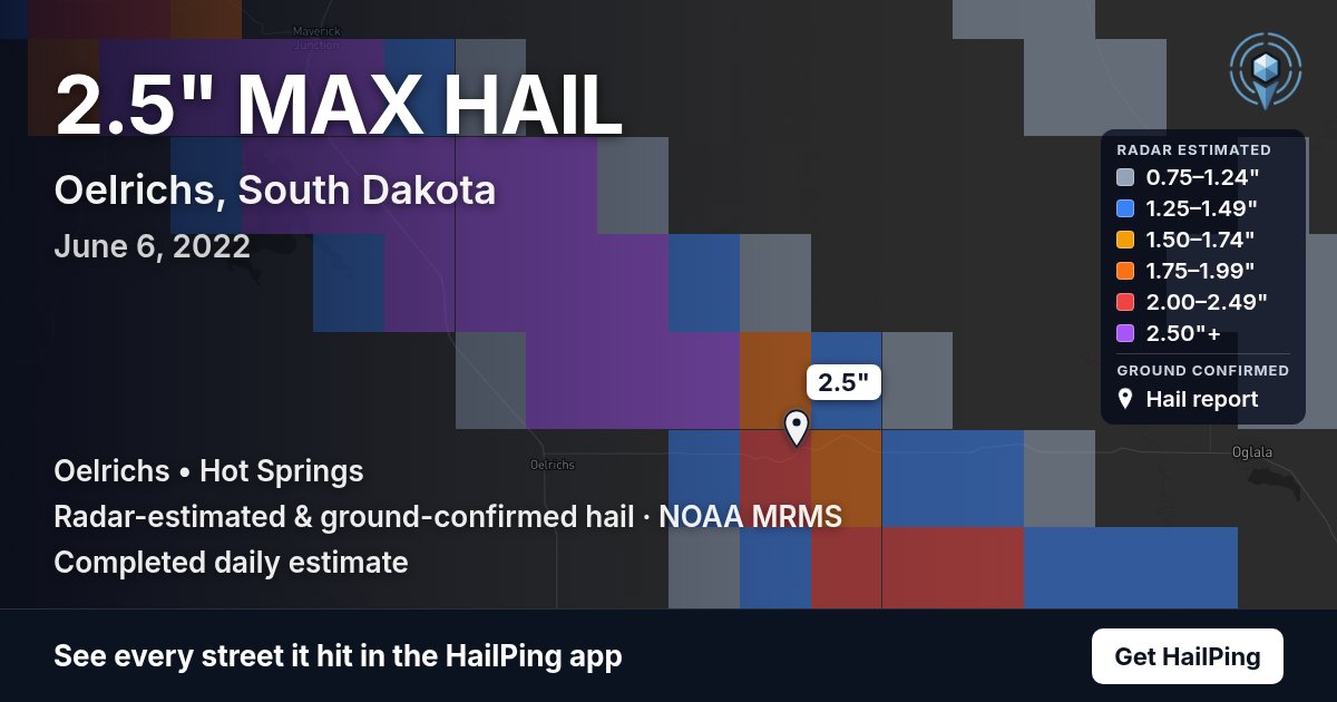 Storm map for Oelrichs, SD on June 6, 2022, showing where hail was reported