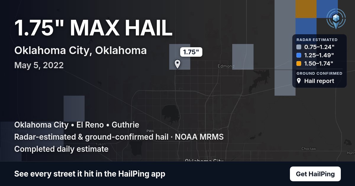 Storm map for Oklahoma City, OK on May 5, 2022, showing where hail was reported