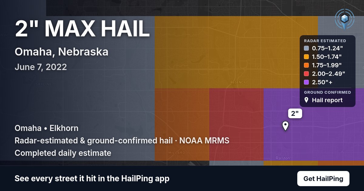 Storm map for Omaha, NE on June 7, 2022, showing where hail was reported