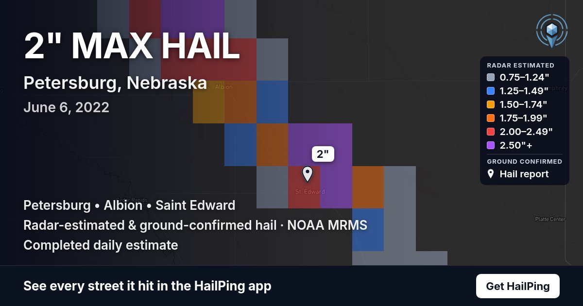 Storm map for Petersburg, NE on June 6, 2022, showing where hail was reported