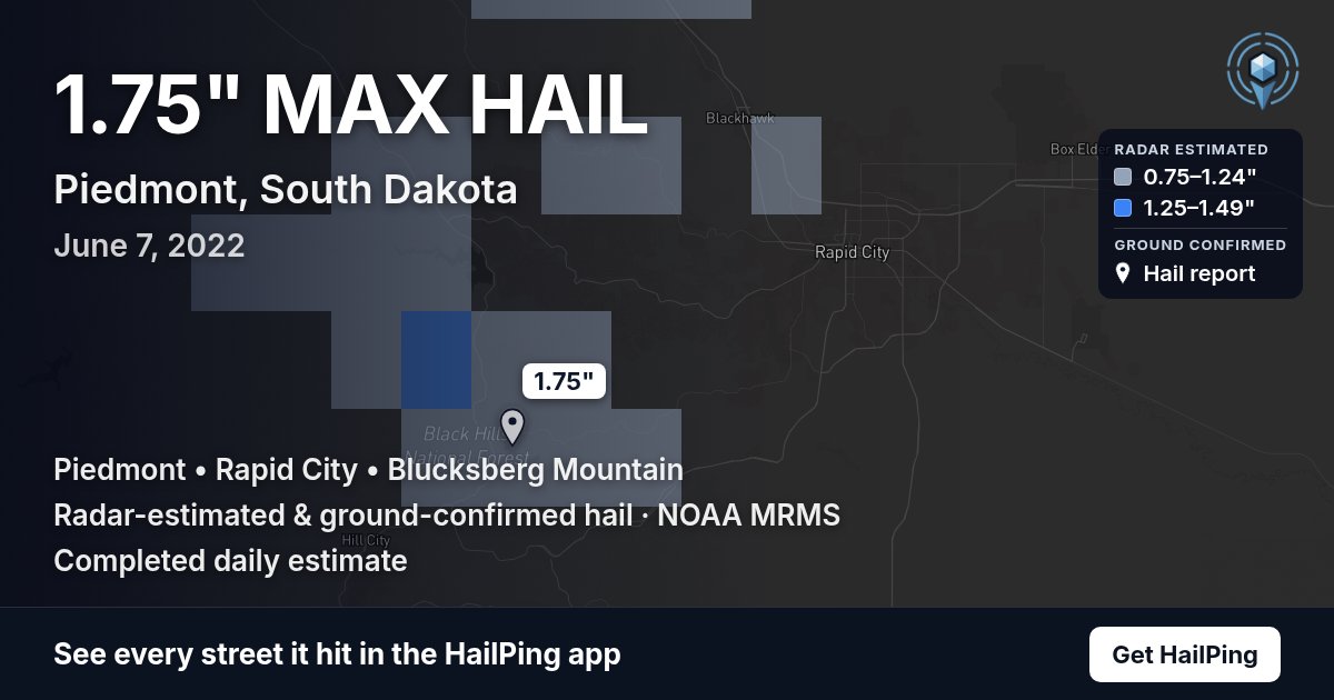 Storm map for Piedmont, SD on June 7, 2022, showing where hail was reported