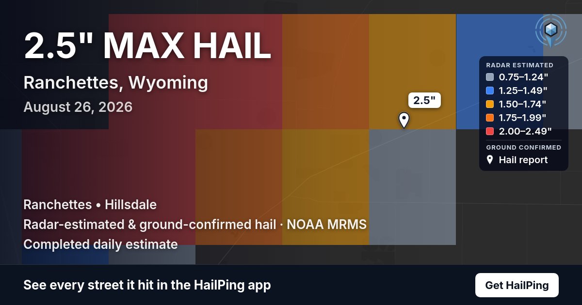 Storm map for Ranchettes, WY on August 26, 2026, showing where hail was reported