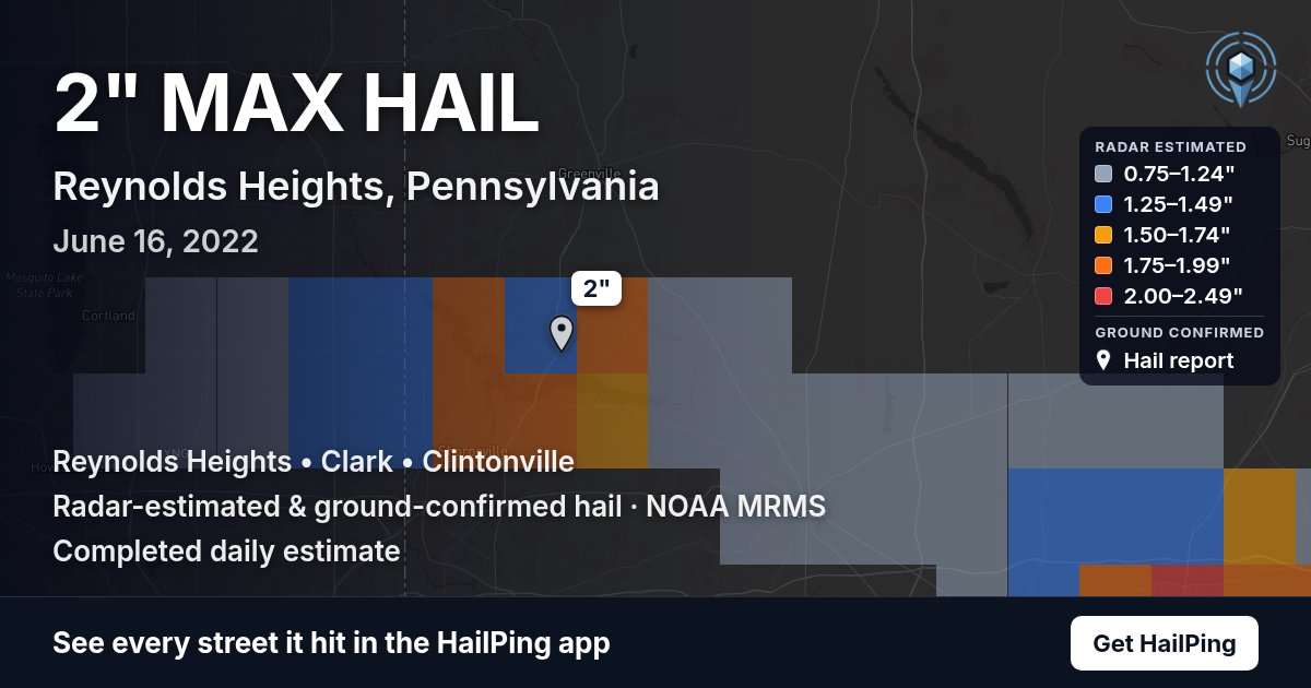 Storm map for Reynolds Heights, PA on June 16, 2022, showing where hail was reported