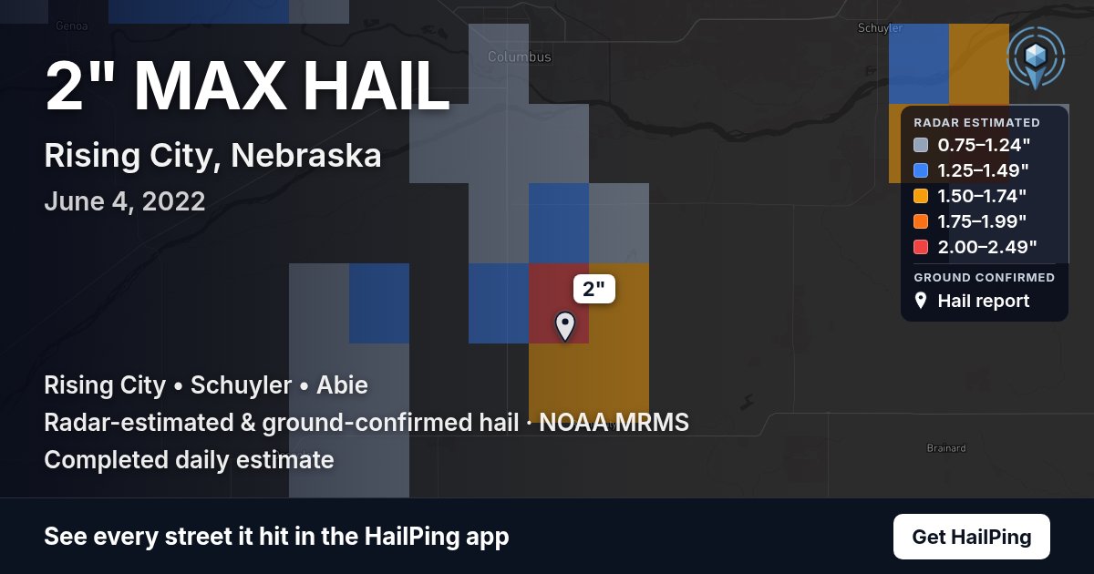 Storm map for Rising City, NE on June 4, 2022, showing where hail was reported