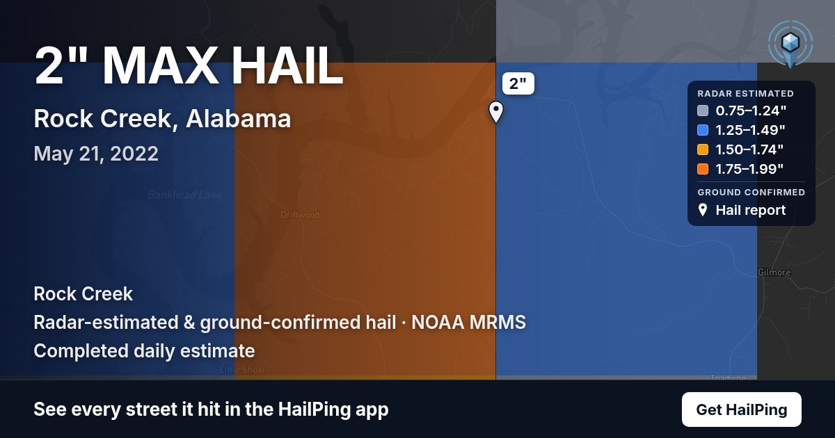 Storm map for Rock Creek, AL on May 21, 2022, showing where hail was reported