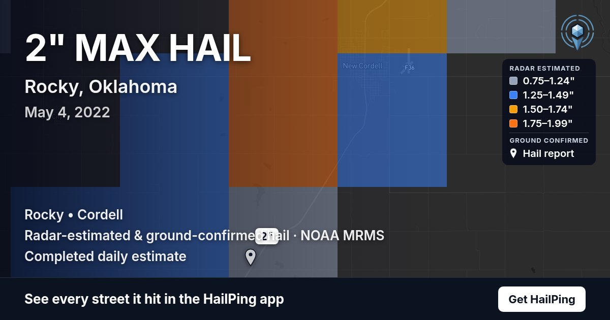 Storm map for Rocky, OK on May 4, 2022, showing where hail was reported