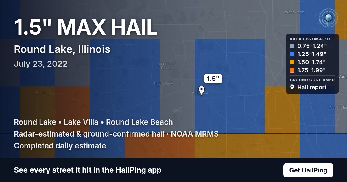 Storm map for Round Lake, IL on July 23, 2022, showing where hail was reported