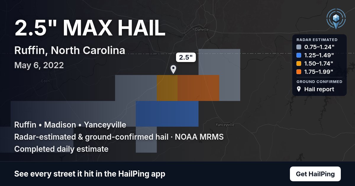 Storm map for Ruffin, NC on May 6, 2022, showing where hail was reported