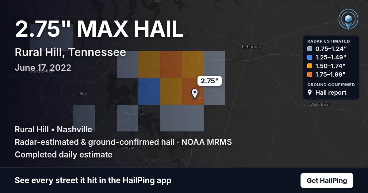 Storm map for Rural Hill, TN on June 17, 2022, showing where hail was reported