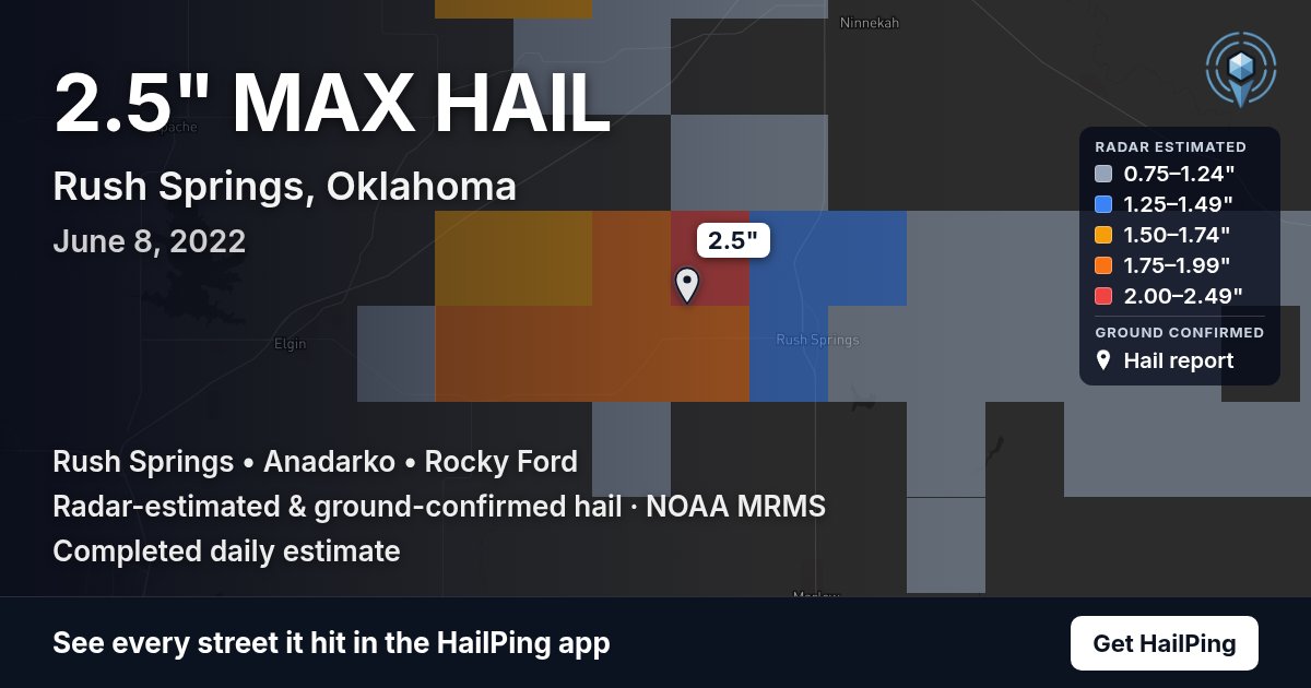 Storm map for Rush Springs, OK on June 8, 2022, showing where hail was reported