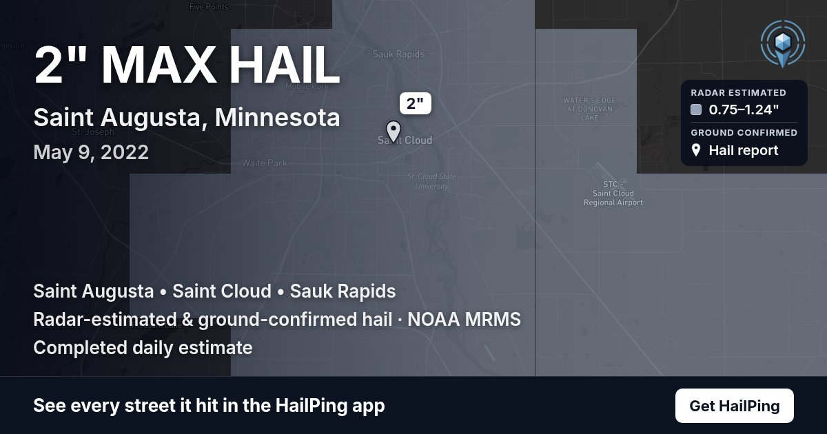Storm map for Saint Augusta, MN on May 9, 2022, showing where hail was reported