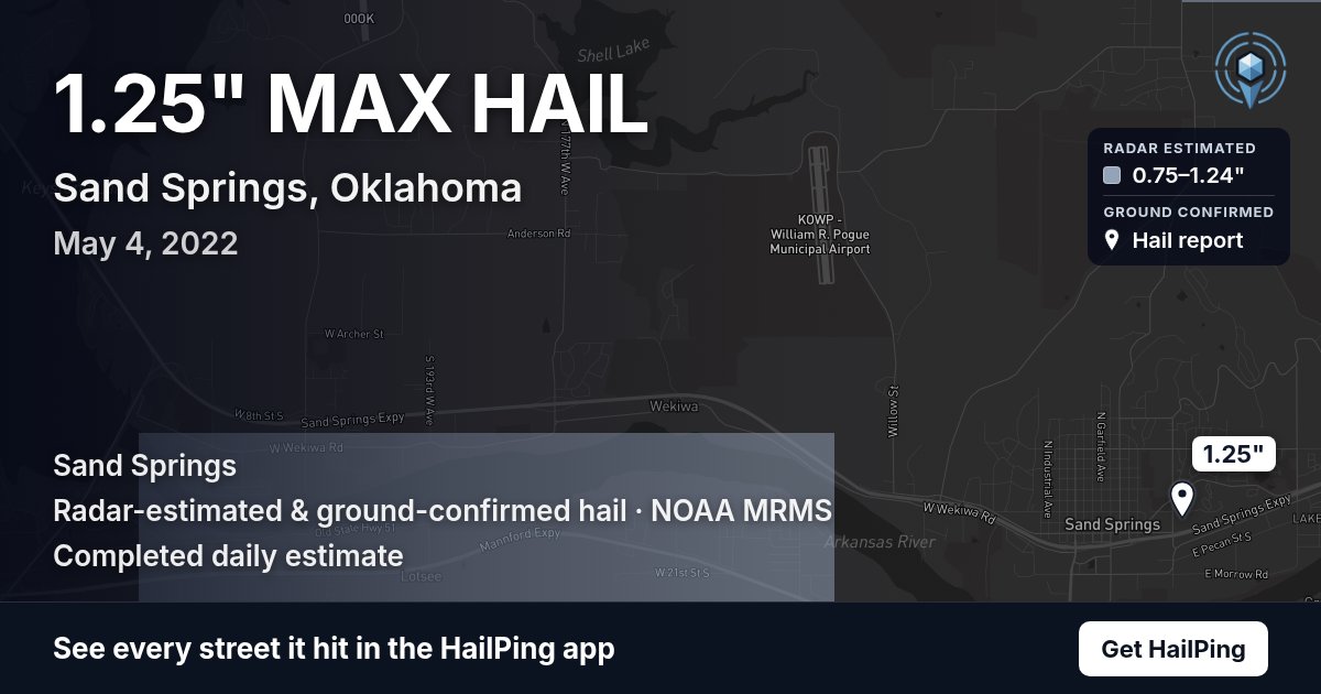 Storm map for Sand Springs, OK on May 4, 2022, showing where hail was reported