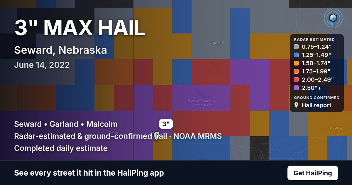 Storm map for Seward, NE on June 14, 2022, showing where hail was reported