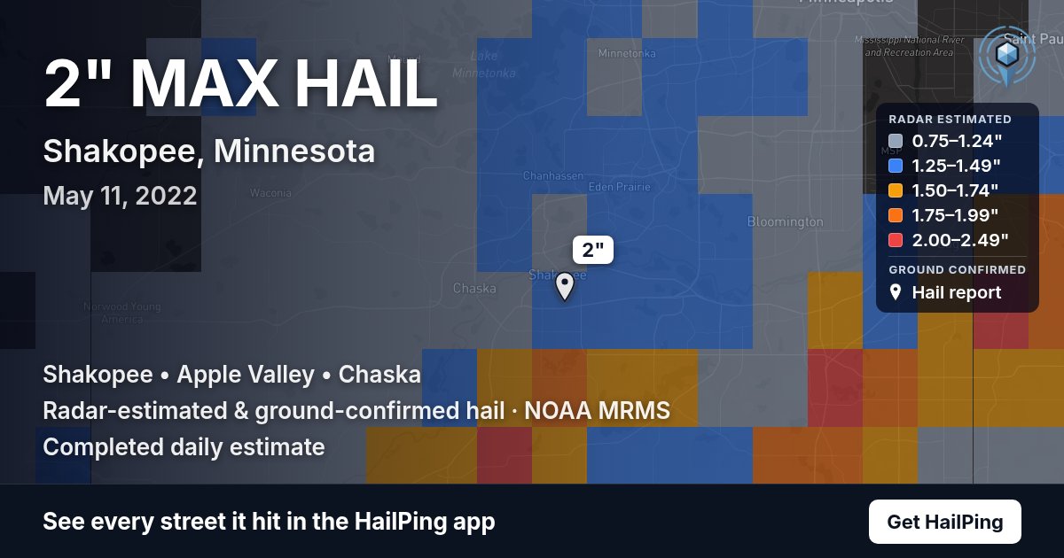 Storm map for Shakopee, MN on May 11, 2022, showing where hail was reported