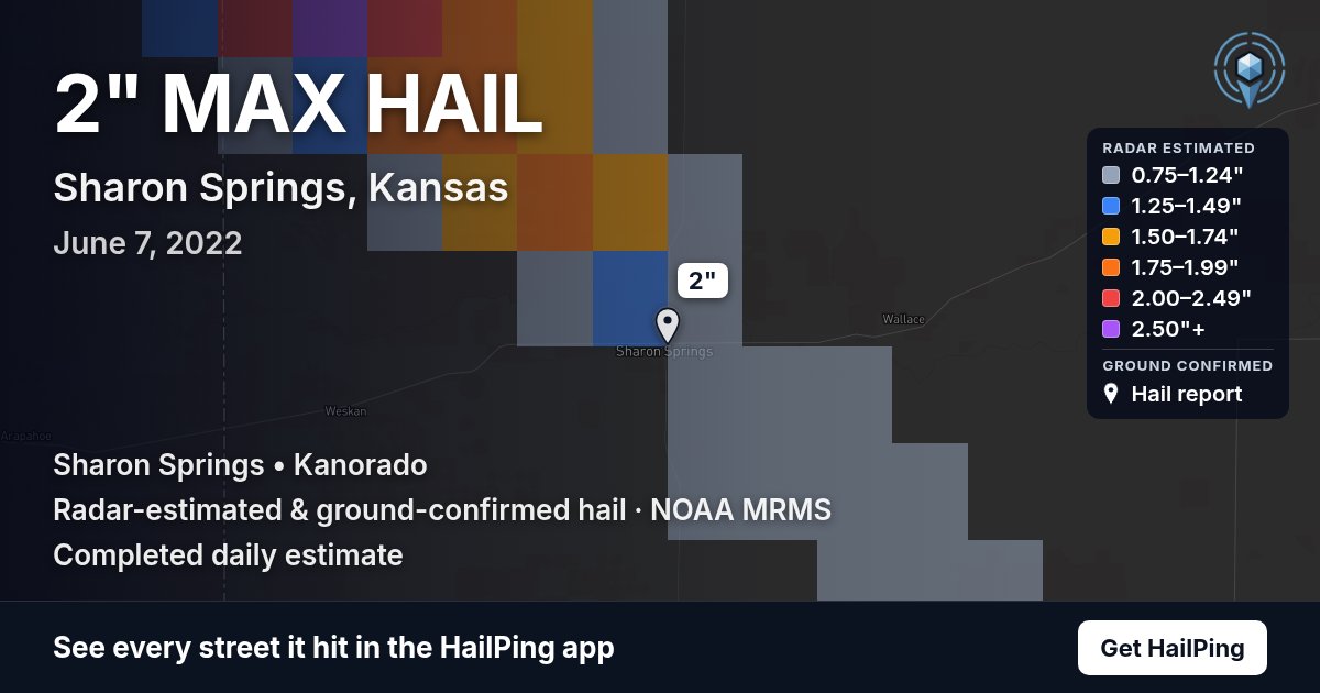 Storm map for Sharon Springs, KS on June 7, 2022, showing where hail was reported