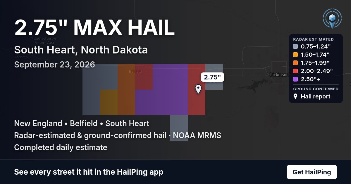 Storm map for South Heart, ND on September 23, 2026, showing where hail was reported
