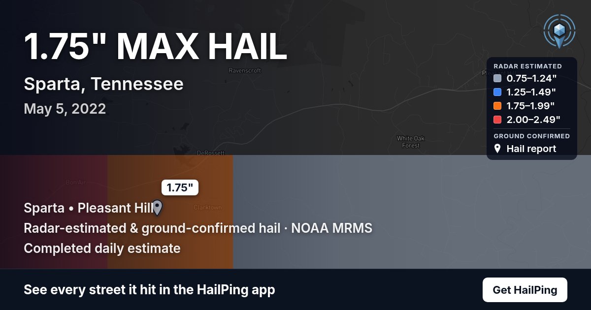 Storm map for Sparta, TN on May 5, 2022, showing where hail was reported