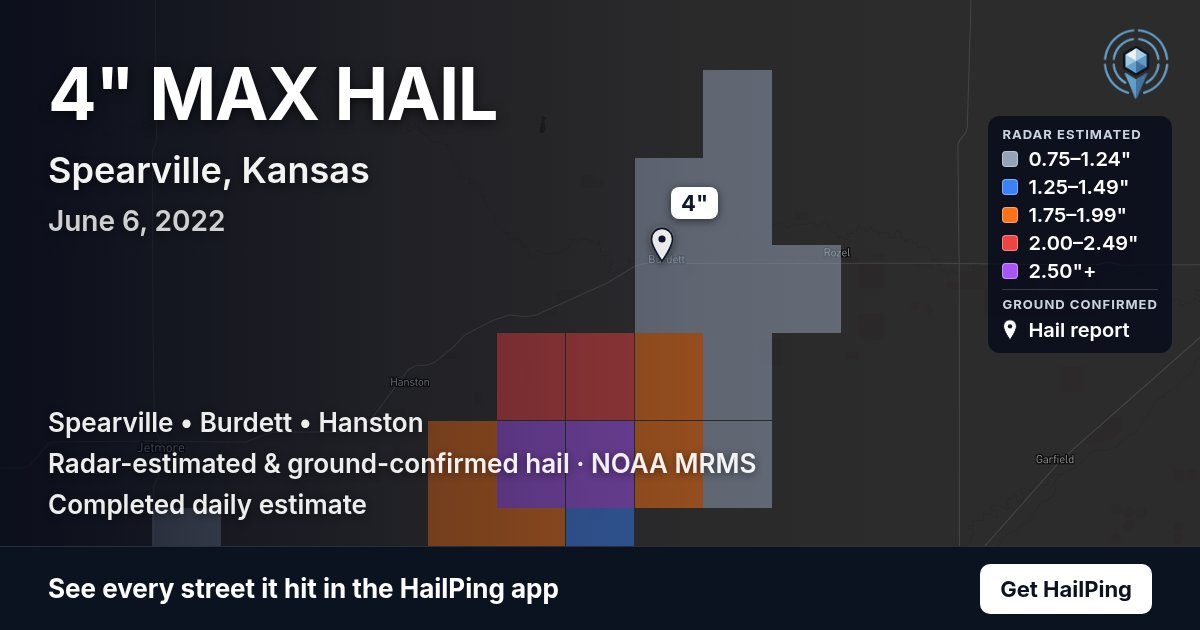 Storm map for Spearville, KS on June 6, 2022, showing where hail was reported