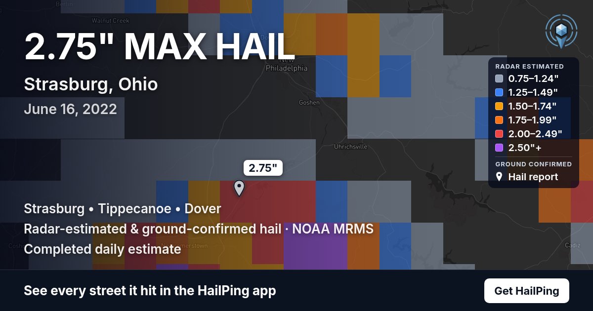Storm map for Strasburg, OH on June 16, 2022, showing where hail was reported