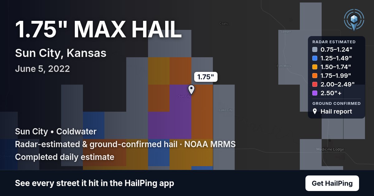 Storm map for Sun City, KS on June 5, 2022, showing where hail was reported