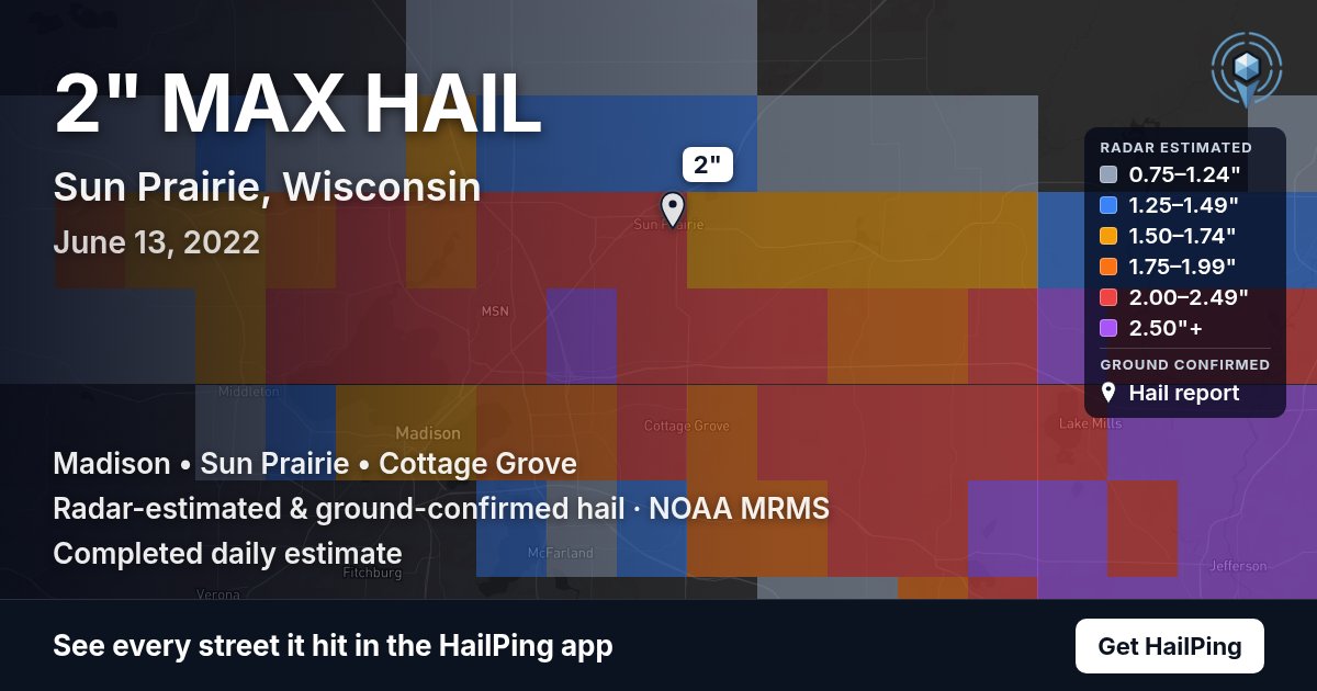 Storm map for Sun Prairie, WI on June 13, 2022, showing where hail was reported