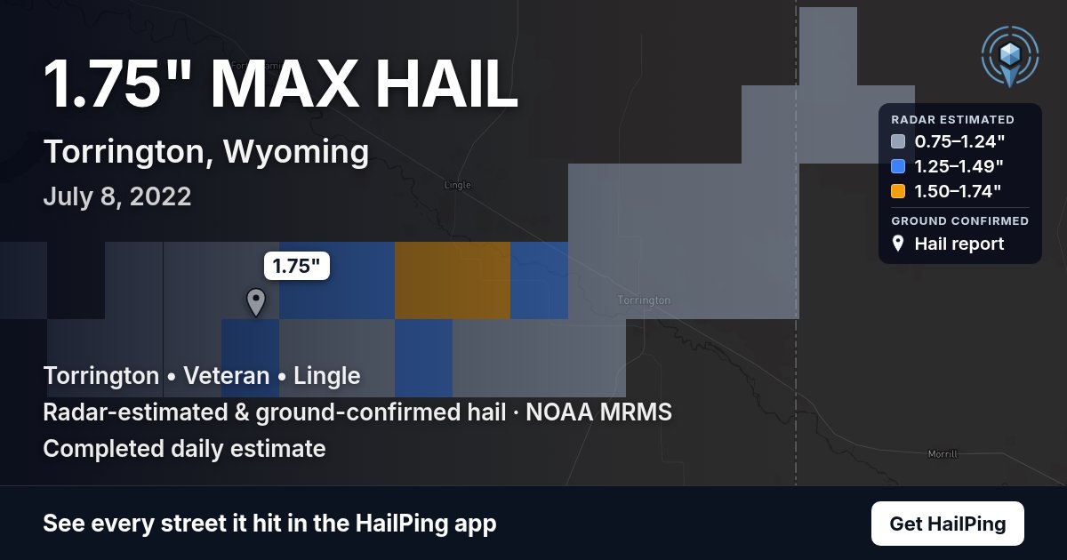 Storm map for Torrington, WY on July 8, 2022, showing where hail was reported