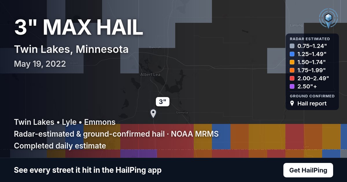 Storm map for Twin Lakes, MN on May 19, 2022, showing where hail was reported