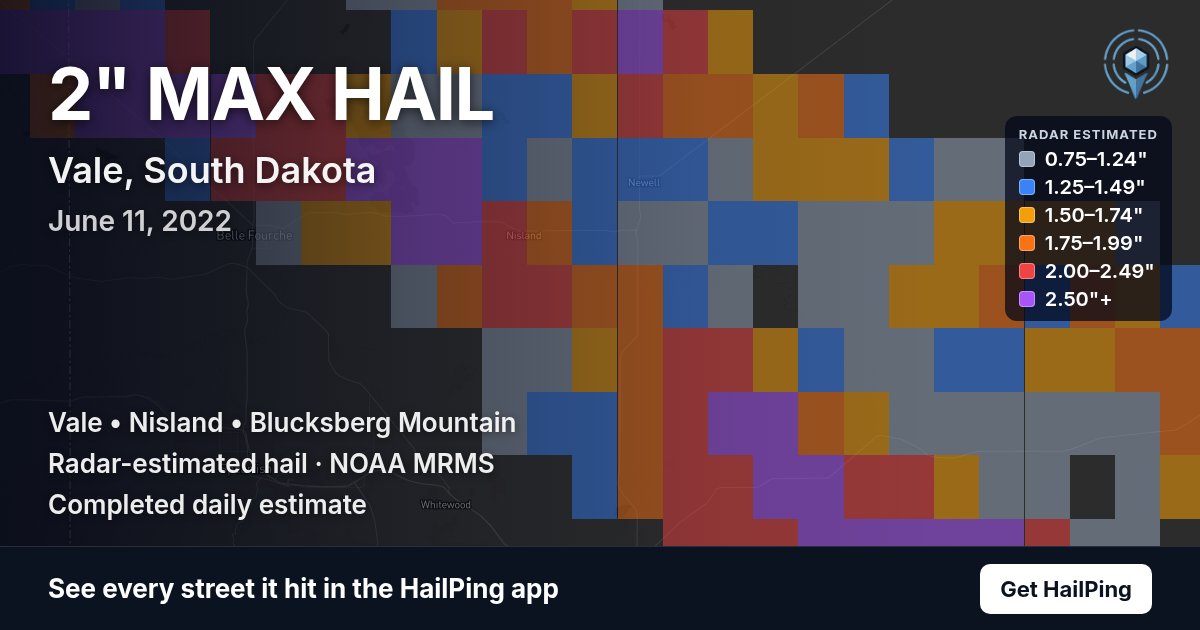 Storm map for Vale, SD on June 11, 2022, showing where hail was reported
