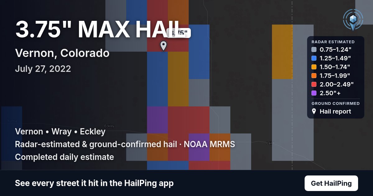Storm map for Vernon, CO on July 27, 2022, showing where hail was reported