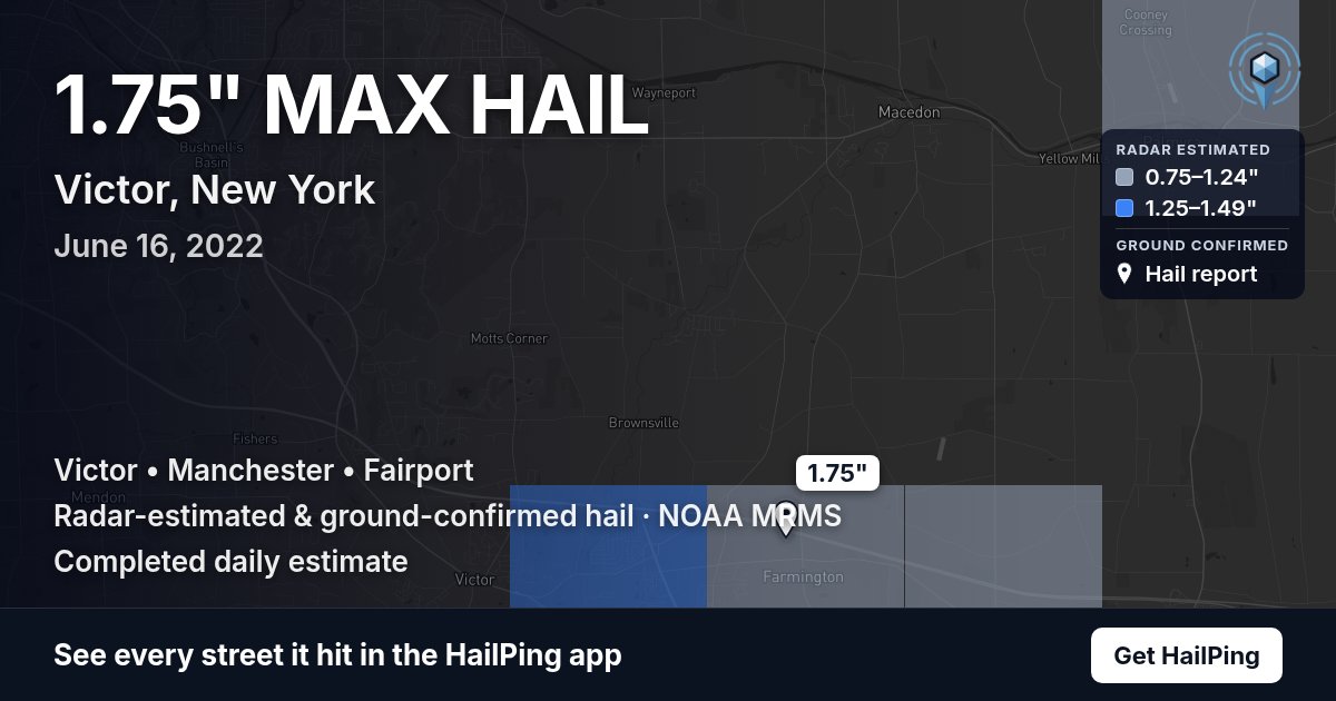 Storm map for Victor, NY on June 16, 2022, showing where hail was reported