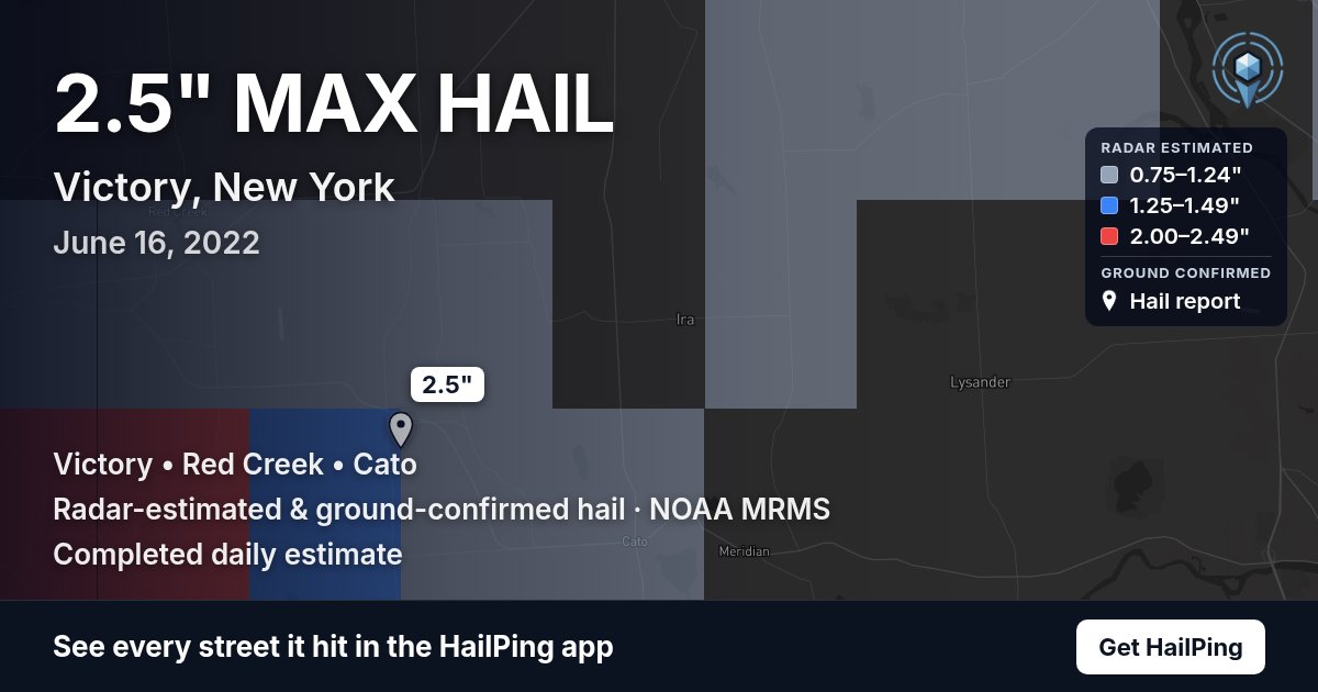 Storm map for Victory, NY on June 16, 2022, showing where hail was reported