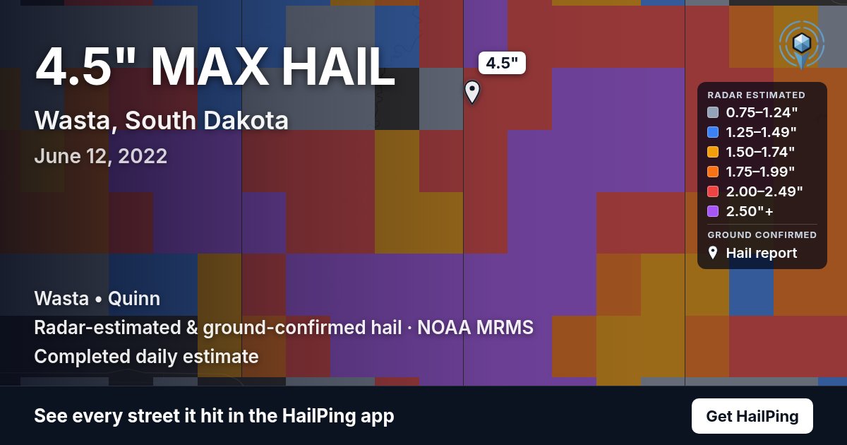 Storm map for Wasta, SD on June 12, 2022, showing where hail was reported