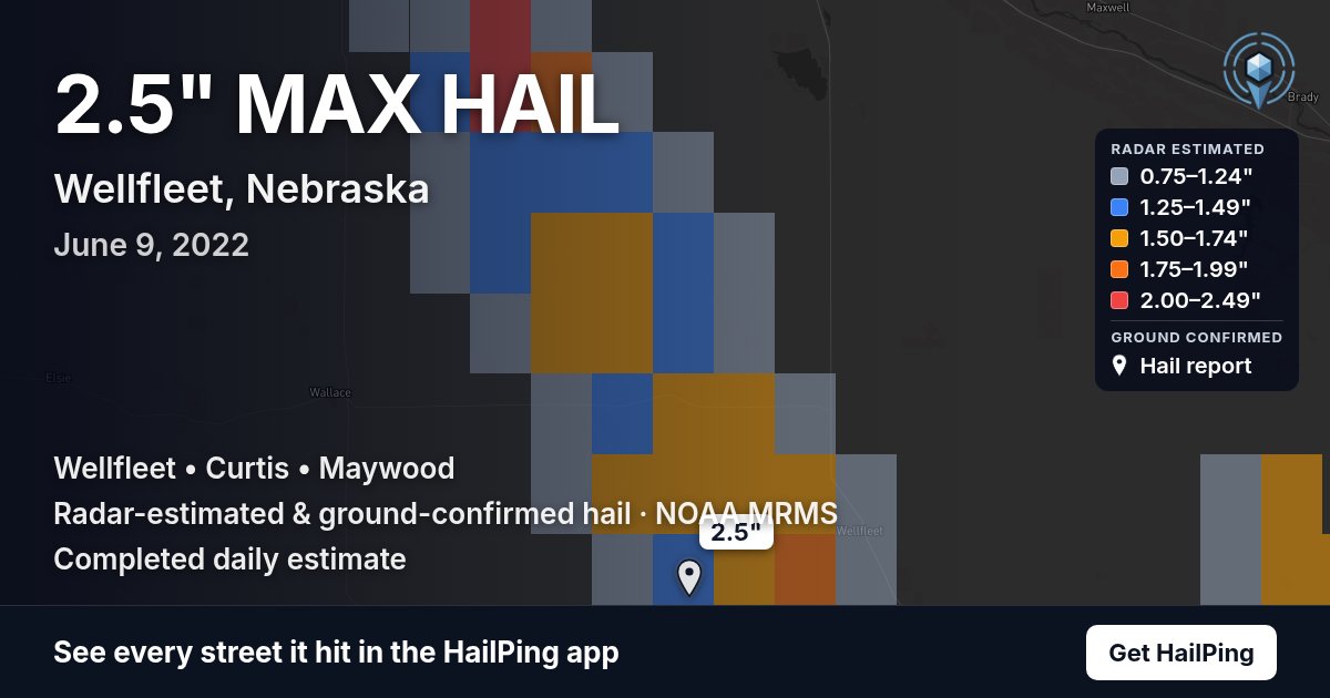 Storm map for Wellfleet, NE on June 9, 2022, showing where hail was reported