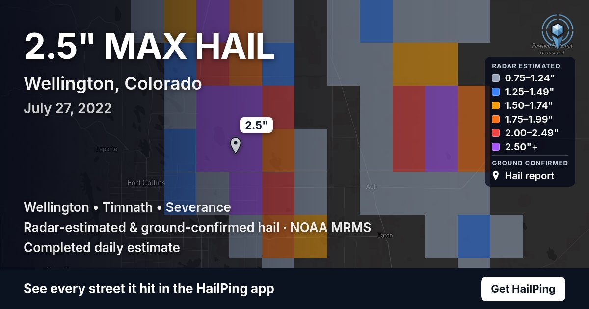Storm map for Wellington, CO on July 27, 2022, showing where hail was reported