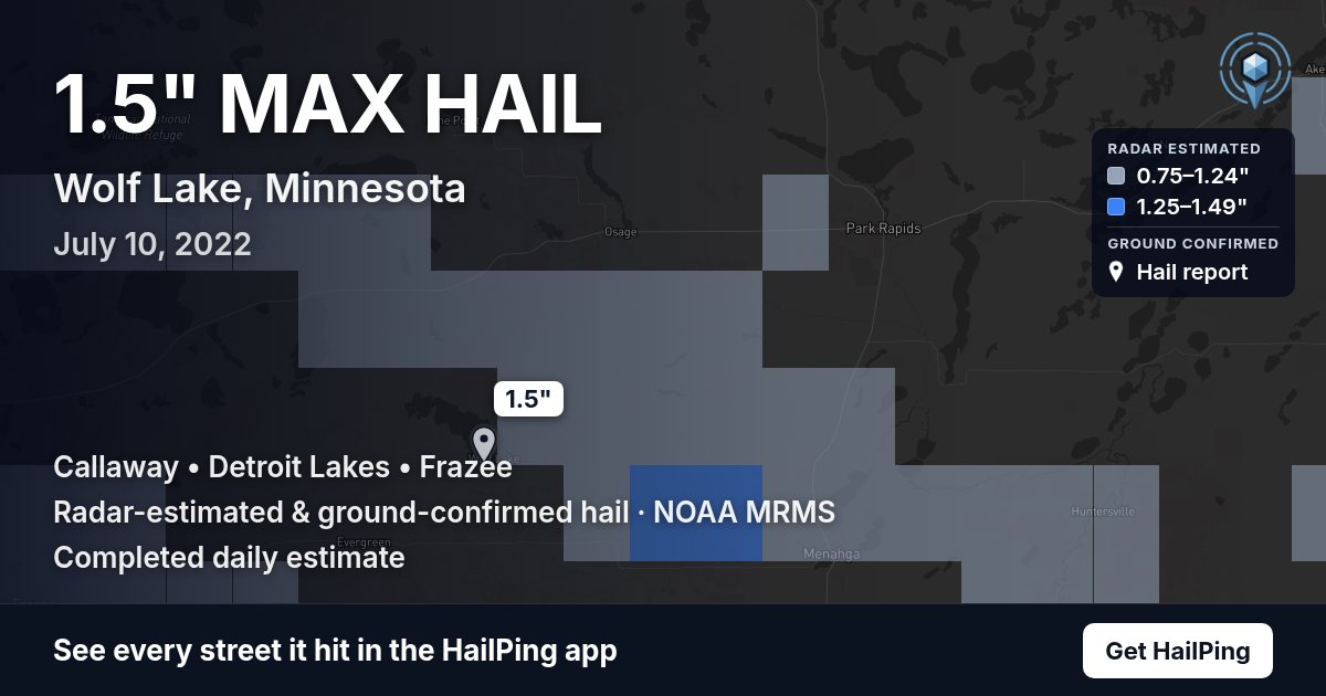 Storm map for Wolf Lake, MN on July 10, 2022, showing where hail was reported