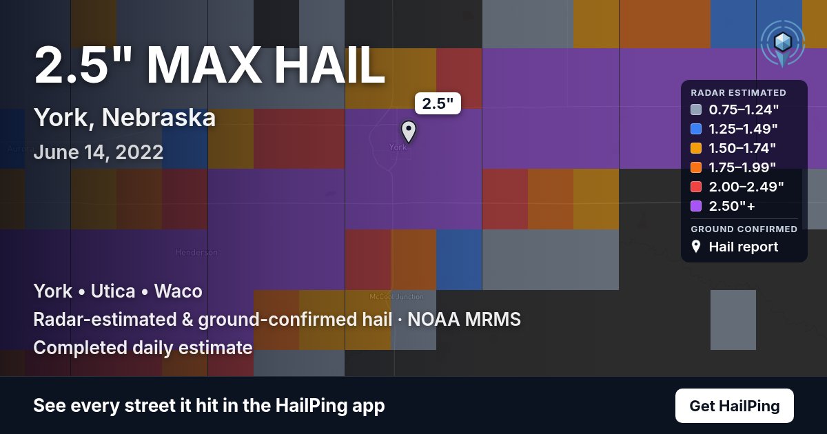 Storm map for York, NE on June 14, 2022, showing where hail was reported