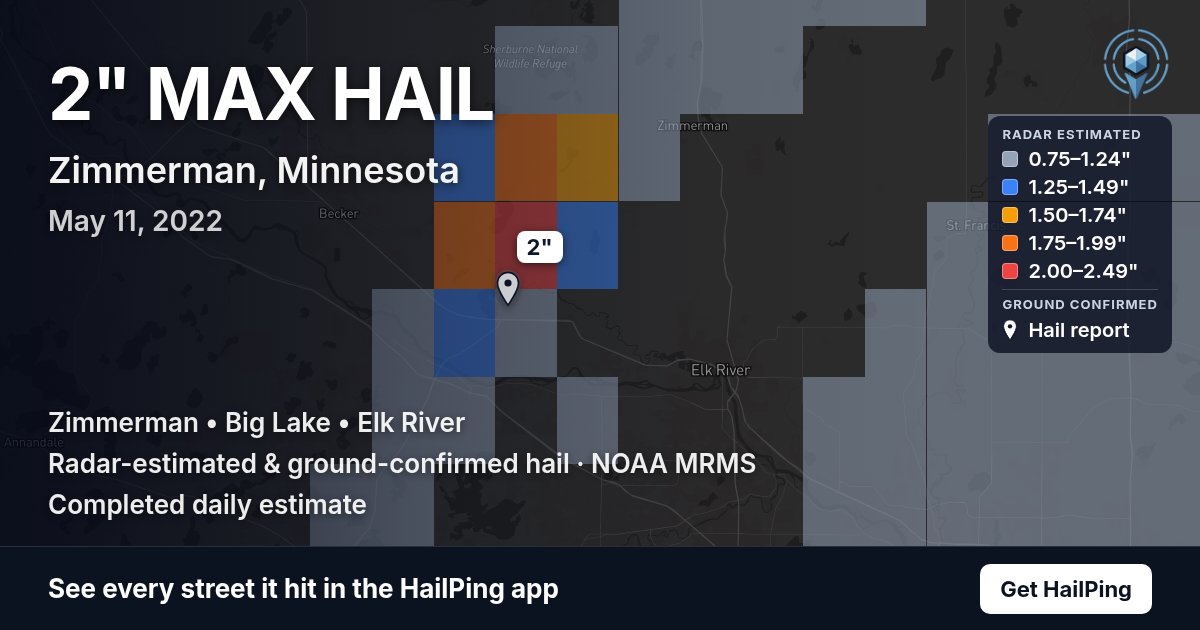 Storm map for Zimmerman, MN on May 11, 2022, showing where hail was reported