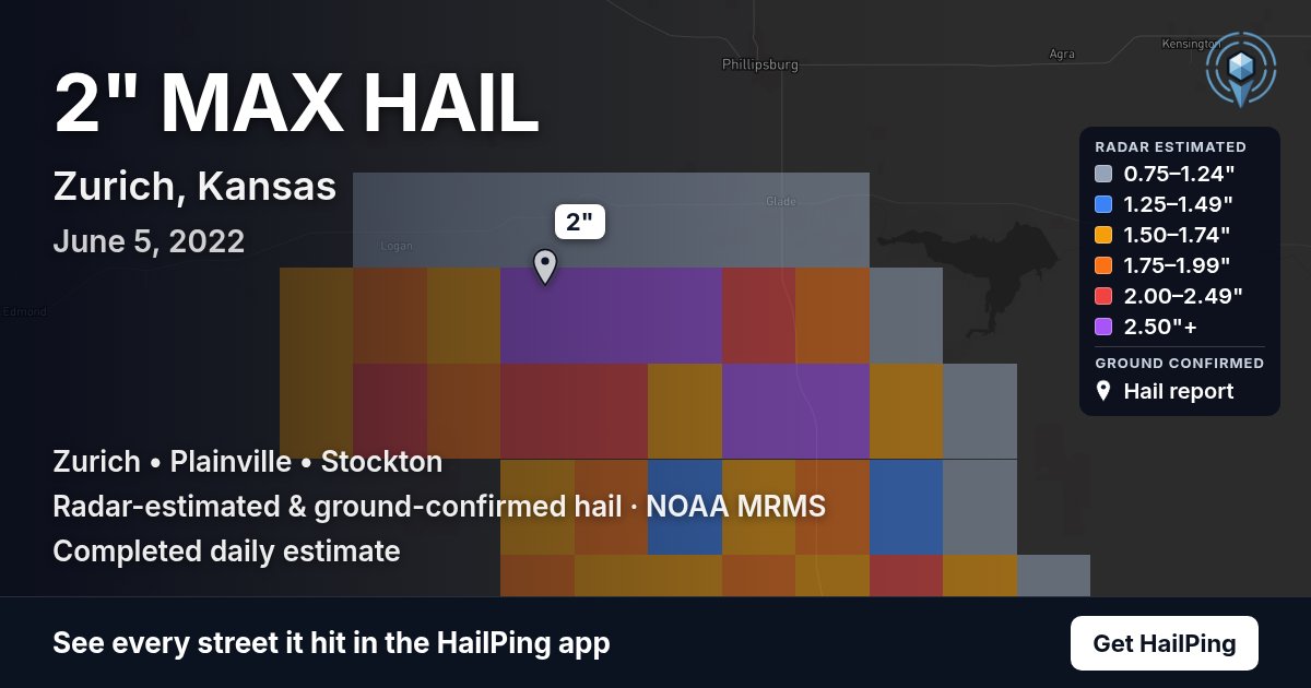 Storm map for Zurich, KS on June 5, 2022, showing where hail was reported